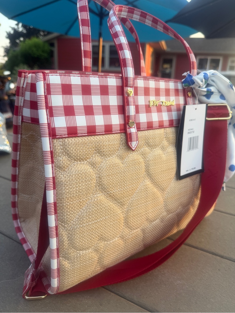 Betsey Johnson XOBECA-S Red Gingham Straw Heart Tote Bag NWT